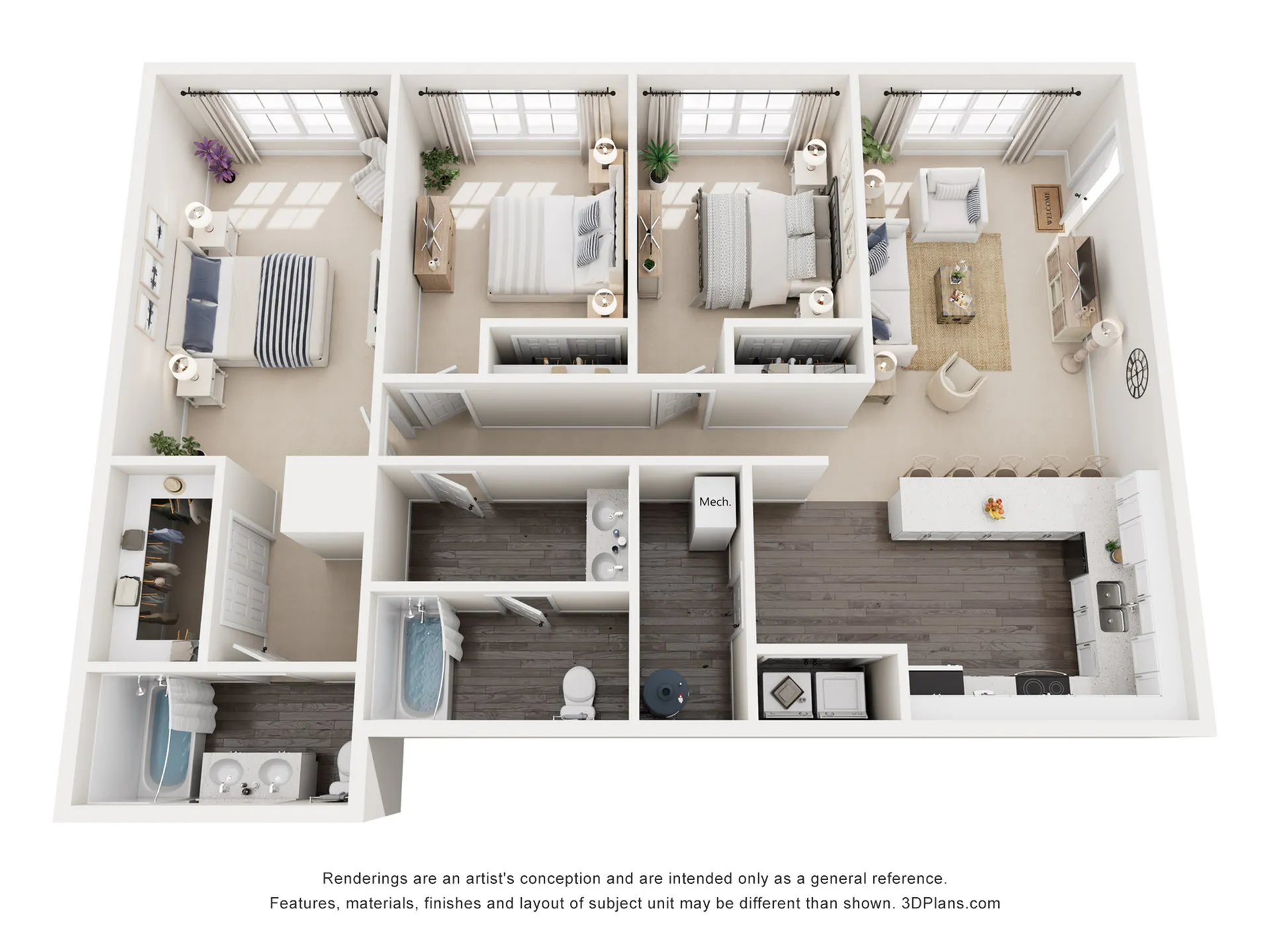 Modern 3D apartment floor plan showcasing 2 bedrooms, cozy living area, elegant kitchen with breakfast bar, and two stylish bathrooms. Ideal for modern living with ample natural light and efficient space utilization.