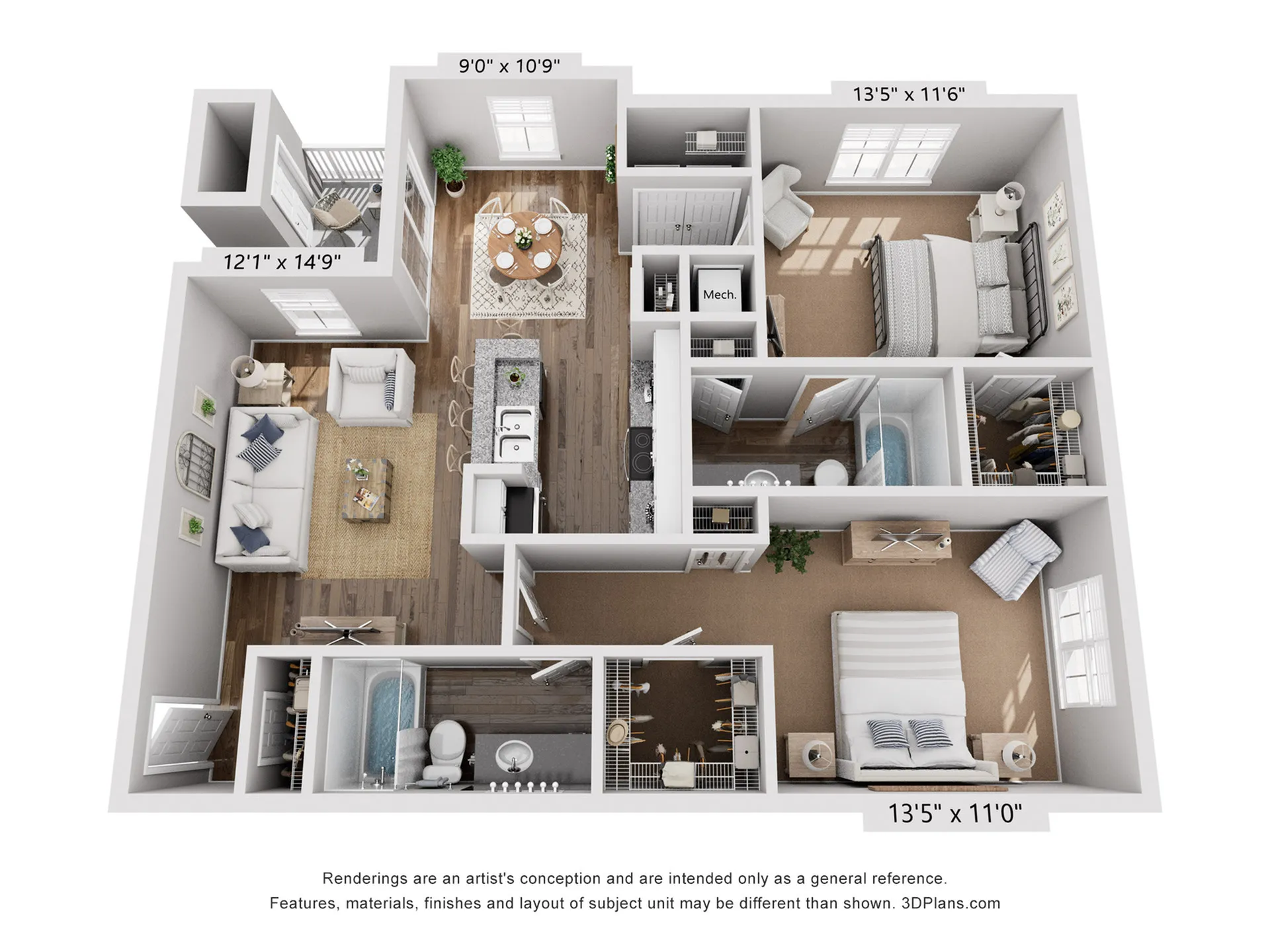 Elegant 3D floor plan showcasing a modern two-bedroom apartment with stylish living room, spacious kitchen, and private balcony.