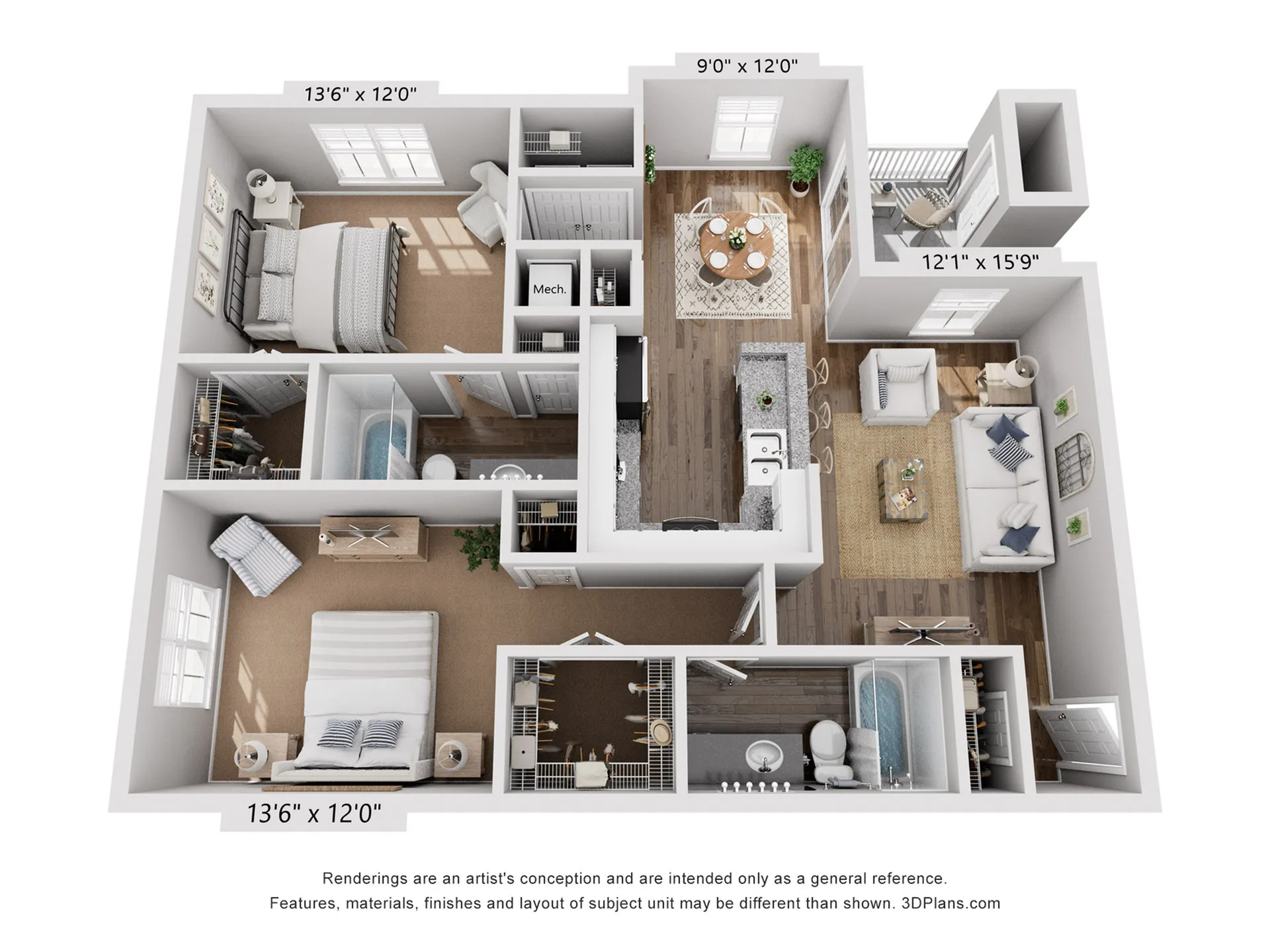 Elegant 3D floor plan illustrating a spacious 2-bedroom apartment with a cozy living room, modern kitchen, and inviting dining area.