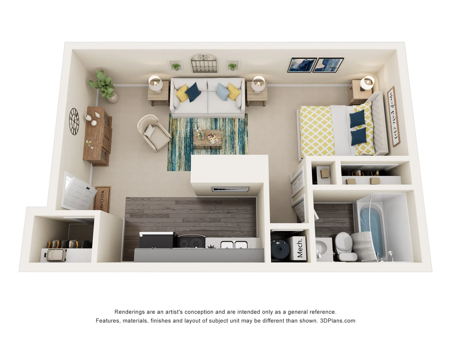 Modern 3D floor plan showcasing a cozy living area, inviting bedroom, and sleek kitchen design. Perfect for a contemporary lifestyle.