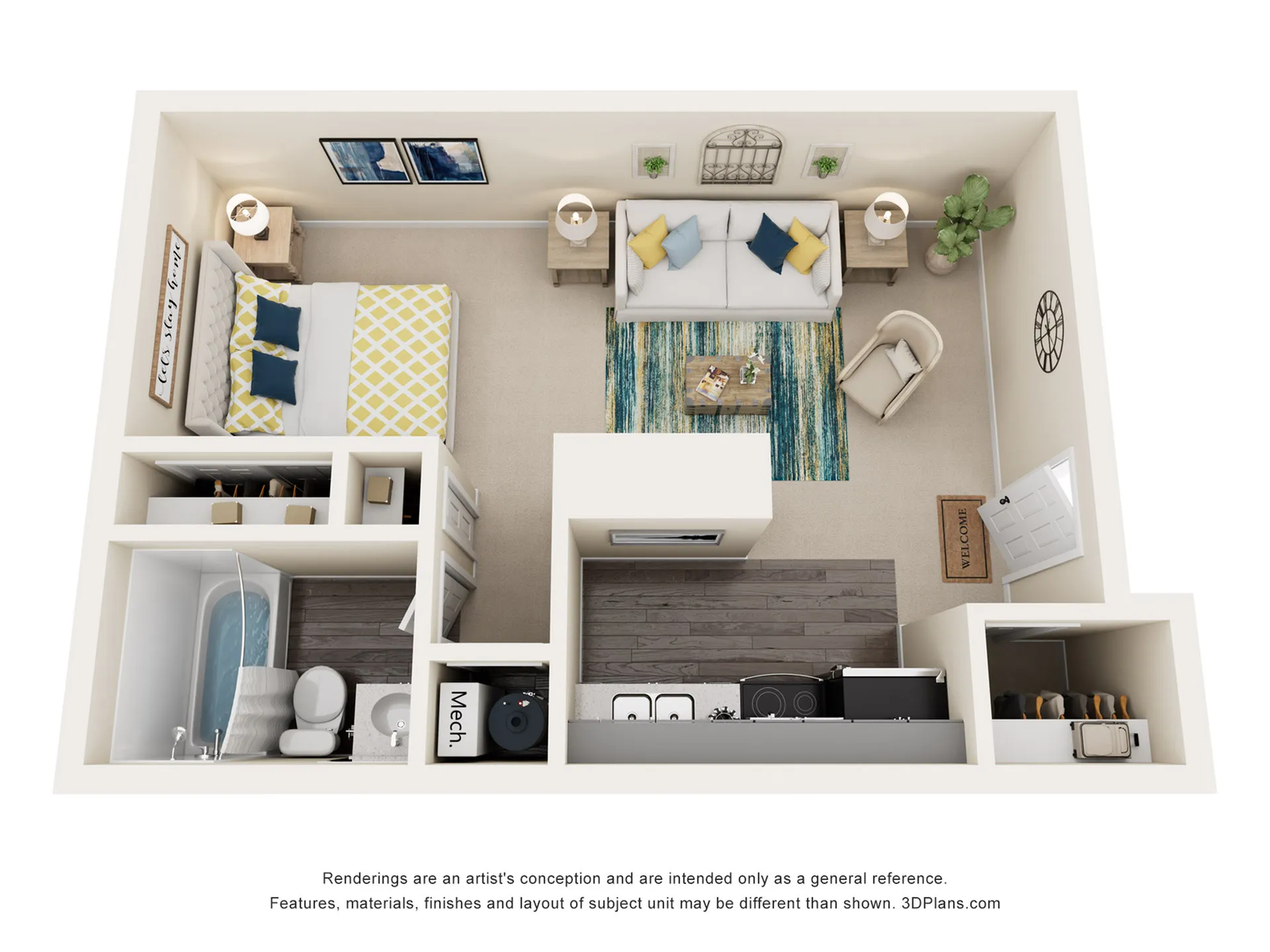 Charming 1-bedroom apartment floor plan featuring a cozy living area, modern kitchen, and elegant bathroom.