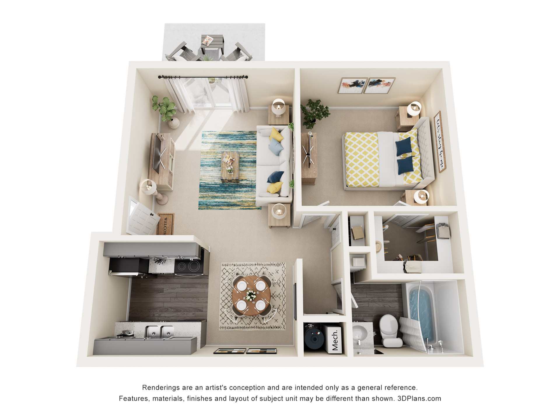 Cozy 3D floor plan showcasing 1 bedroom, open living area, modern kitchen, and stylish bathroom with balcony access.