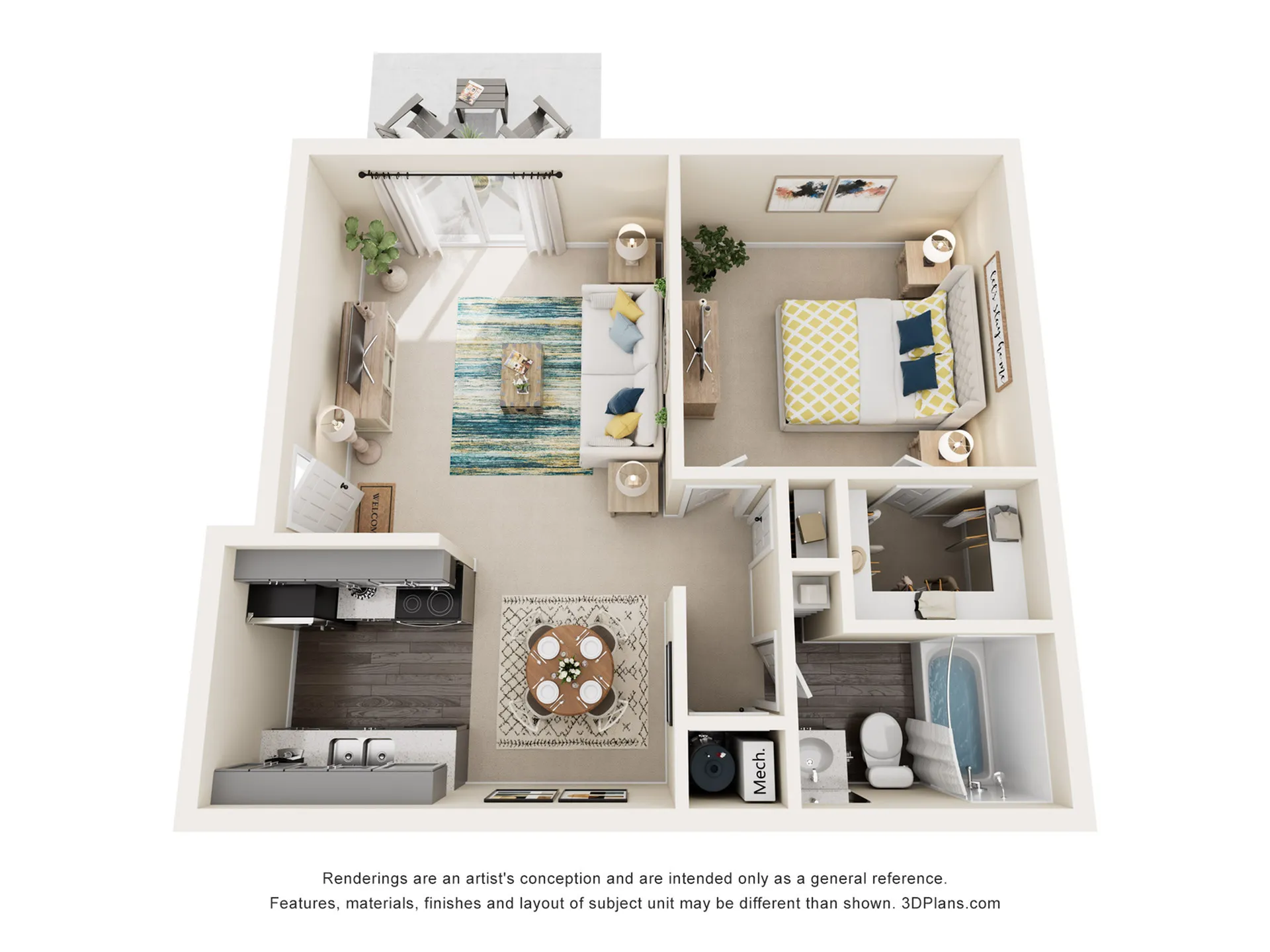 Modern 3D floor plan of a cozy 1-bedroom apartment featuring a sleek kitchen, spacious living area, and a contemporary bathroom.