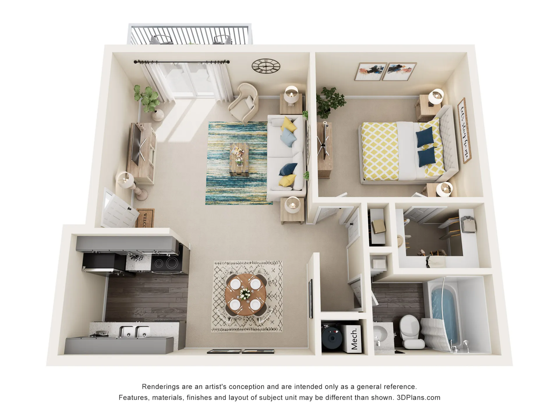 Charming 3D floor plan showcasing a cozy one-bedroom apartment with an inviting living room, modern kitchen, and a stylish bathroom, designed for comfortable urban living.