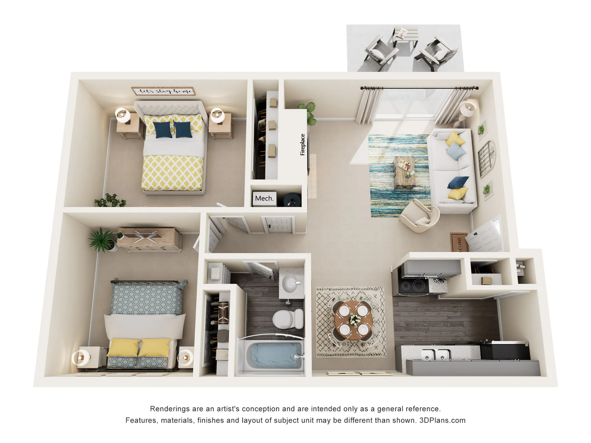 Modern floor plan showcasing two cozy bedrooms, an inviting living room with a fireplace, and a stylish kitchen adjacent to a dining area. Features a private patio, perfect for relaxation.