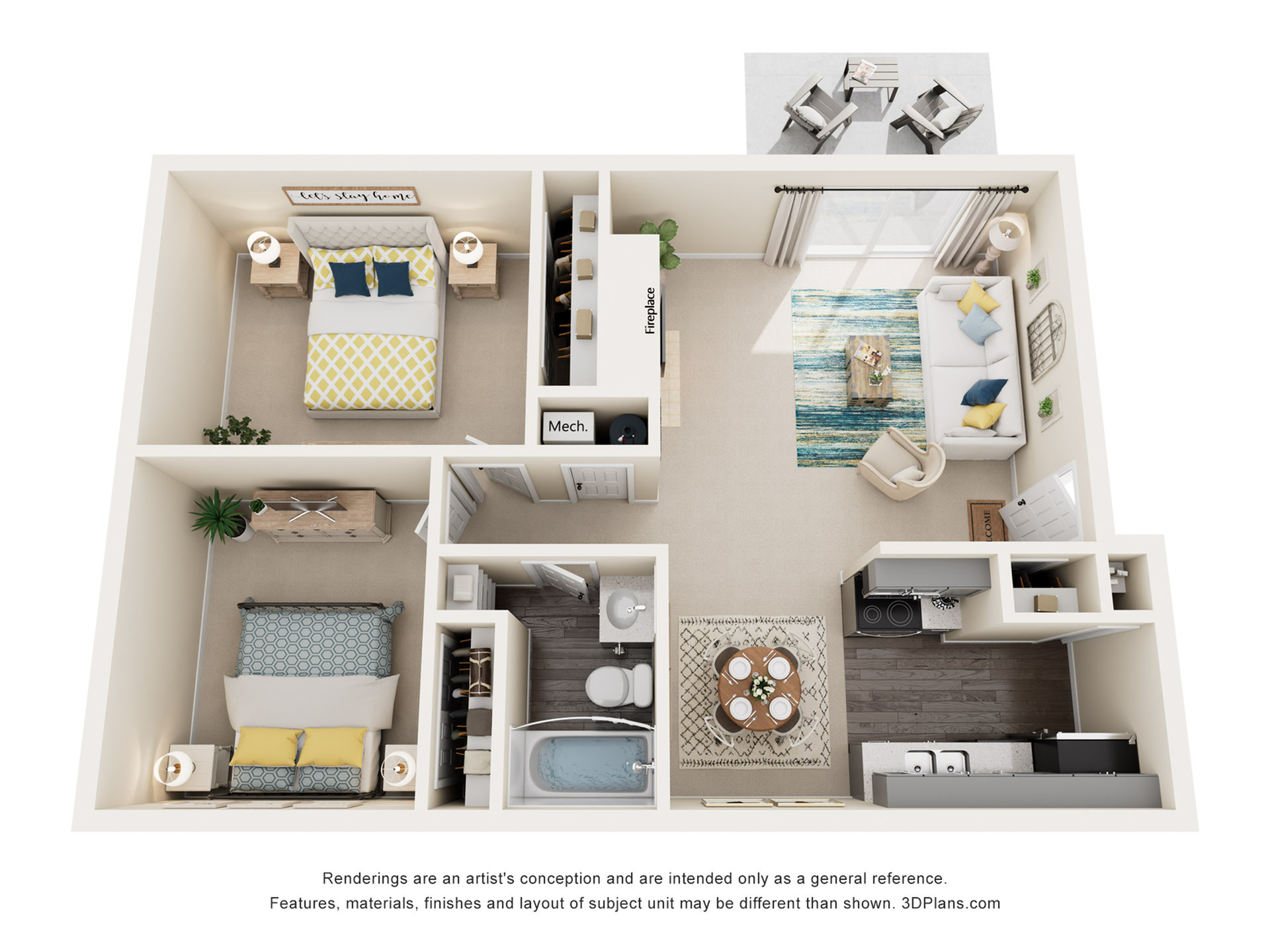 Charming apartment floor plan showcasing 2 bedrooms, inviting living room with natural light, modern kitchen, and private balcony.