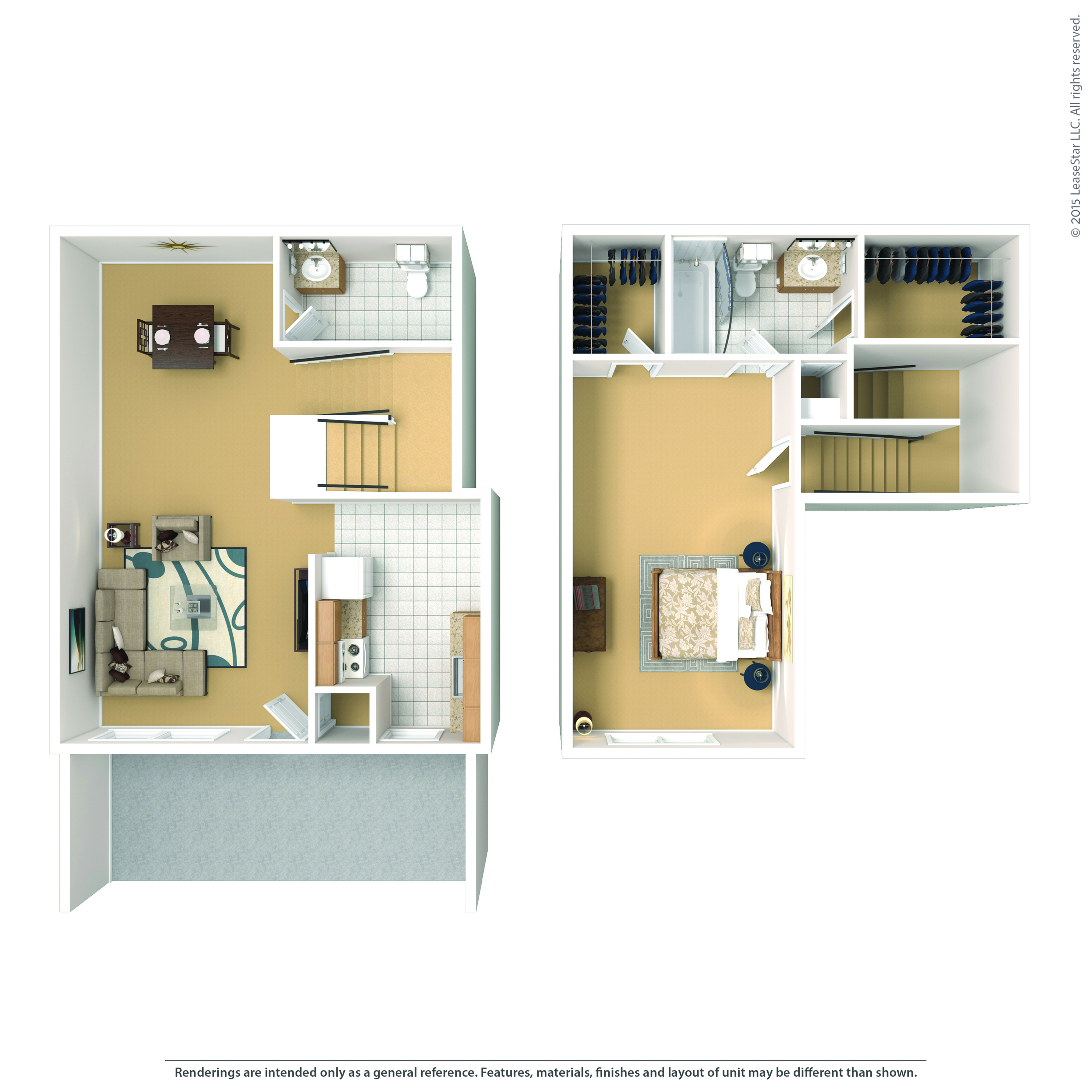 Chic 2-level floor plan featuring a spacious living room, modern kitchen, and cozy bedroom with en-suite bathroom.