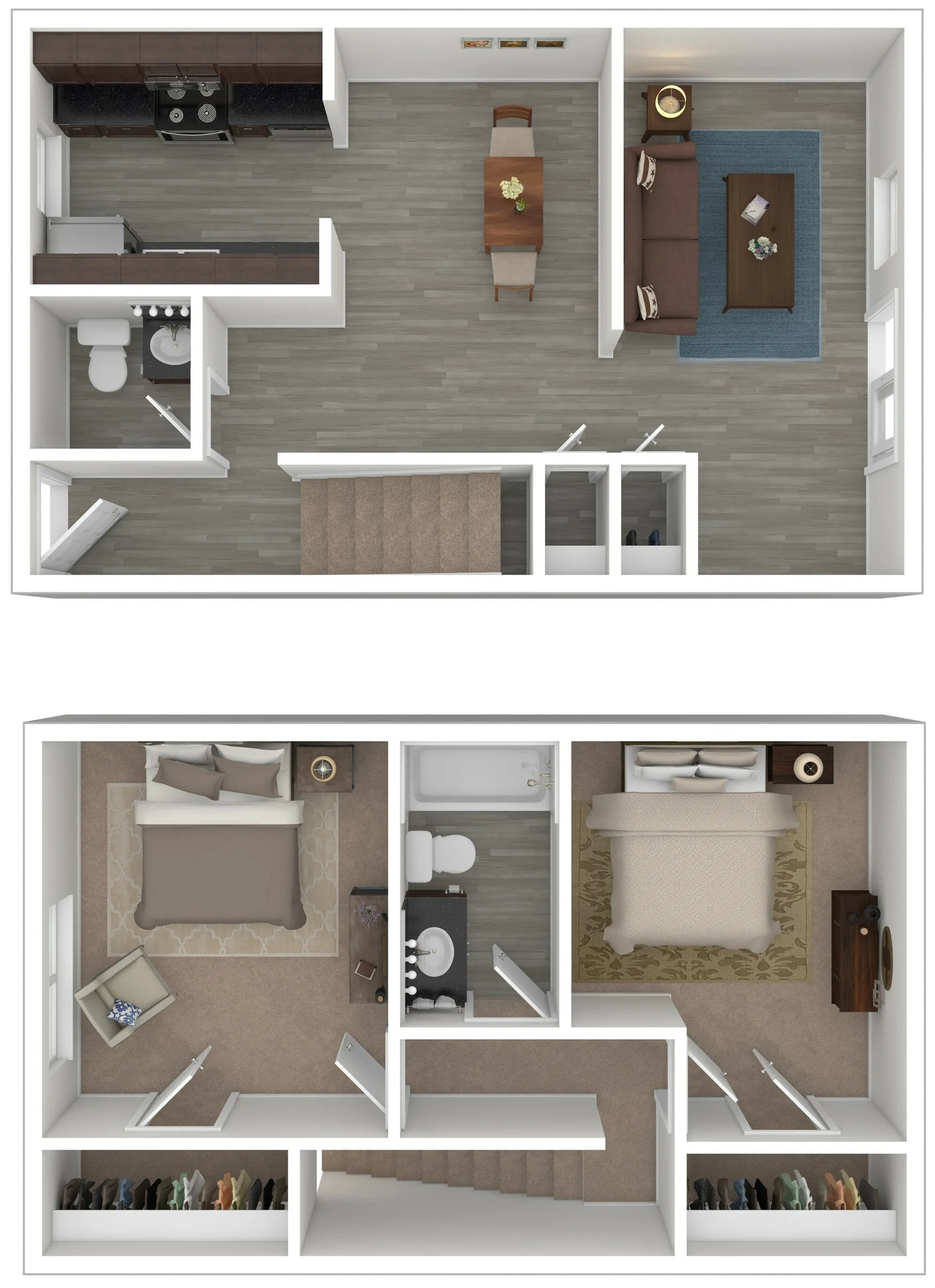 Chic two-story floor plan featuring a stylish open-concept living area, modern kitchen, and two cozy bedrooms. Ideal for contemporary living with a spacious dining area and elegant furnishings.