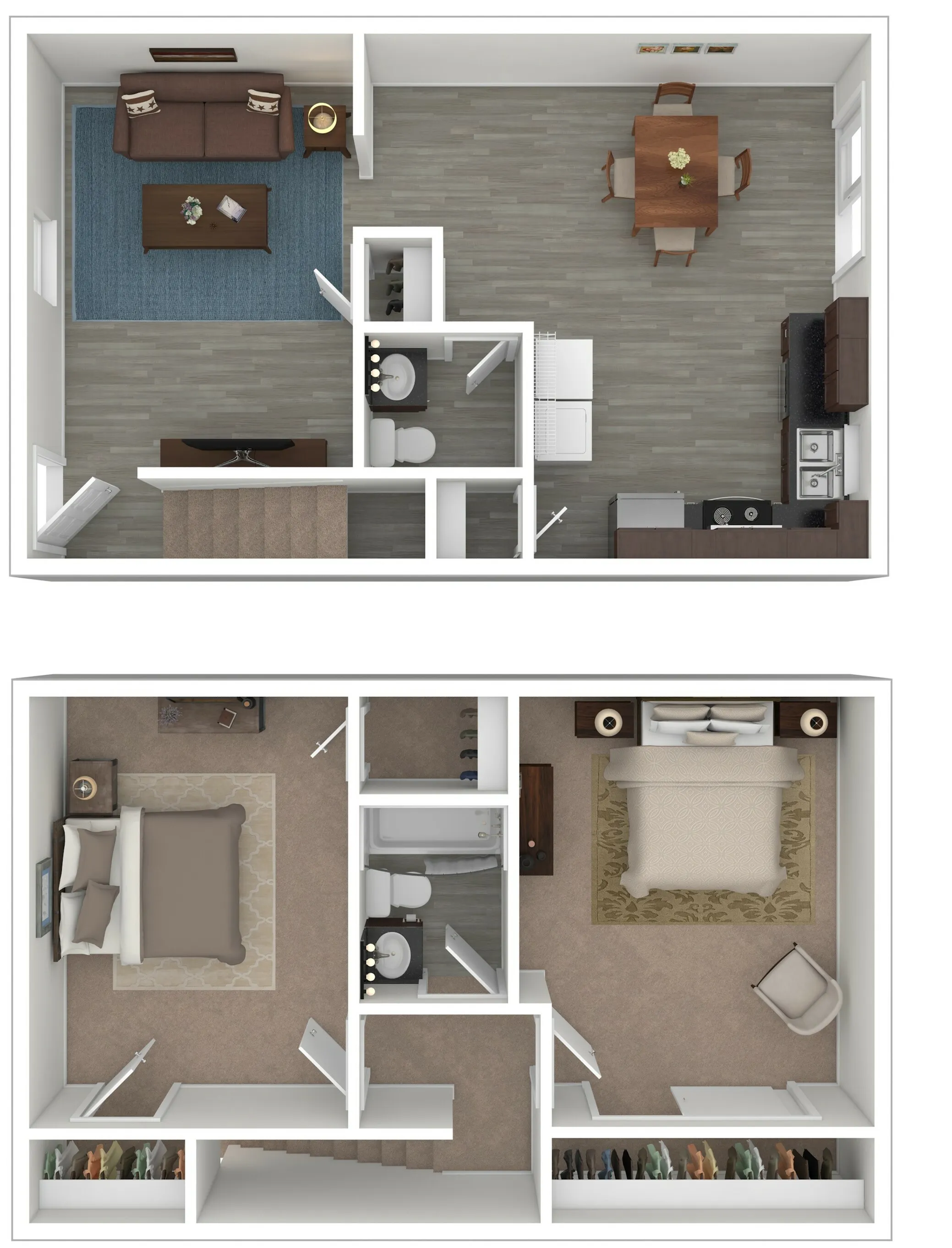 Modern two-story floor plan showcasing a cozy living area, elegant dining space, sleek kitchen, two spacious bedrooms, and two bathrooms. The design highlights functionality and comfort with ample closet space and a chic interior.