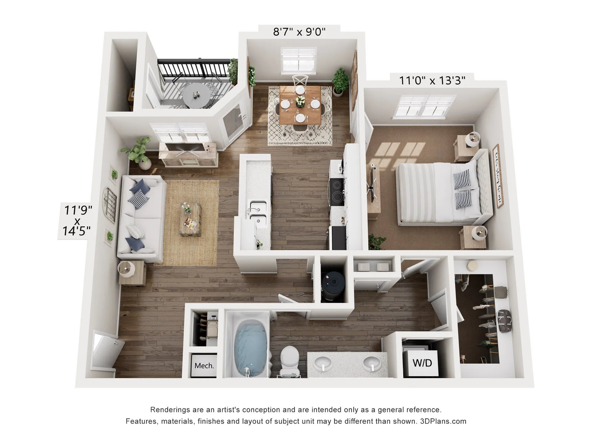 Chic 1-bedroom apartment floor plan featuring an open-concept living room, compact kitchen, cozy balcony, and convenient walk-in closet.