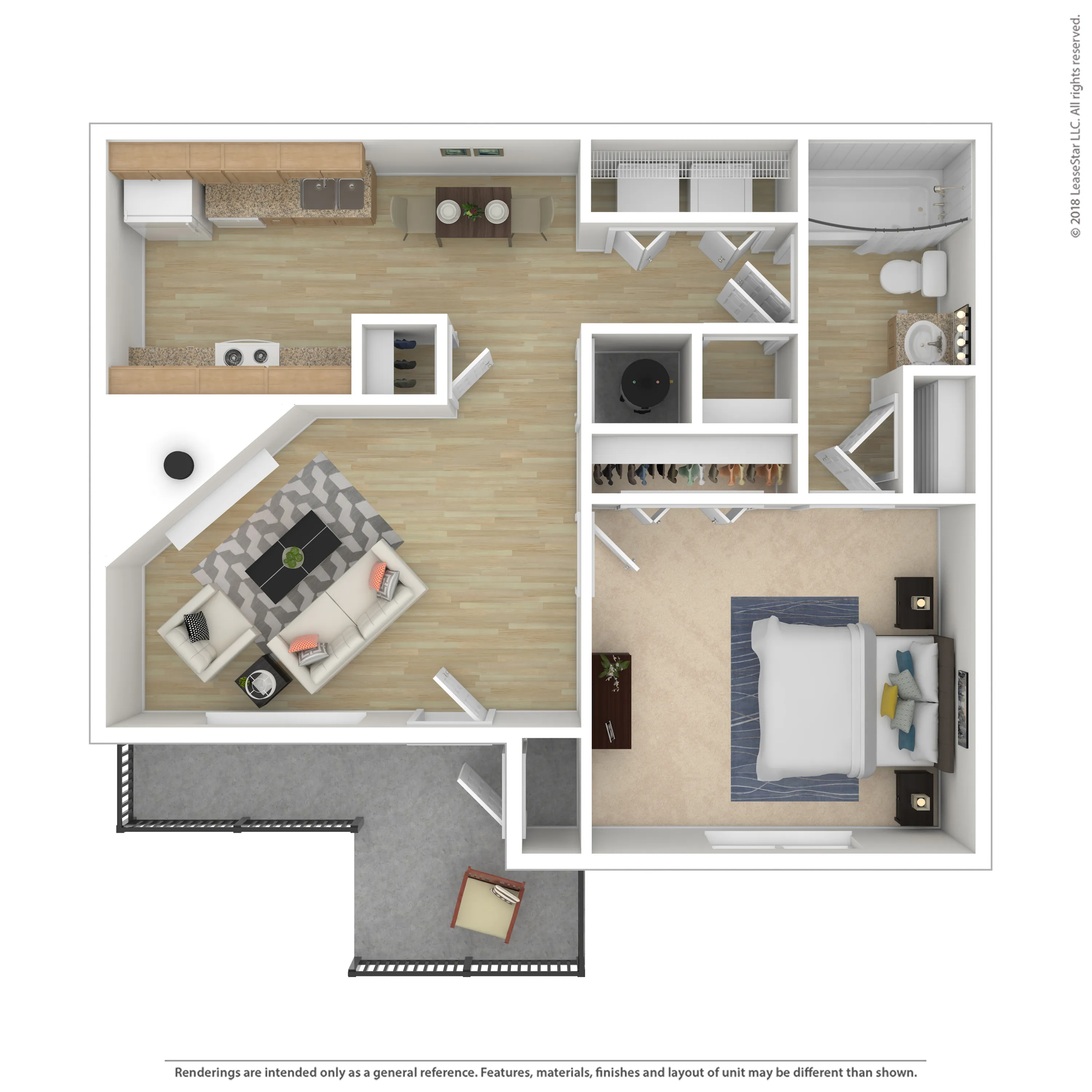 Elegant 3D floor plan showcasing a one-bedroom apartment with a modern open kitchen, cozy living room, and spacious private balcony.