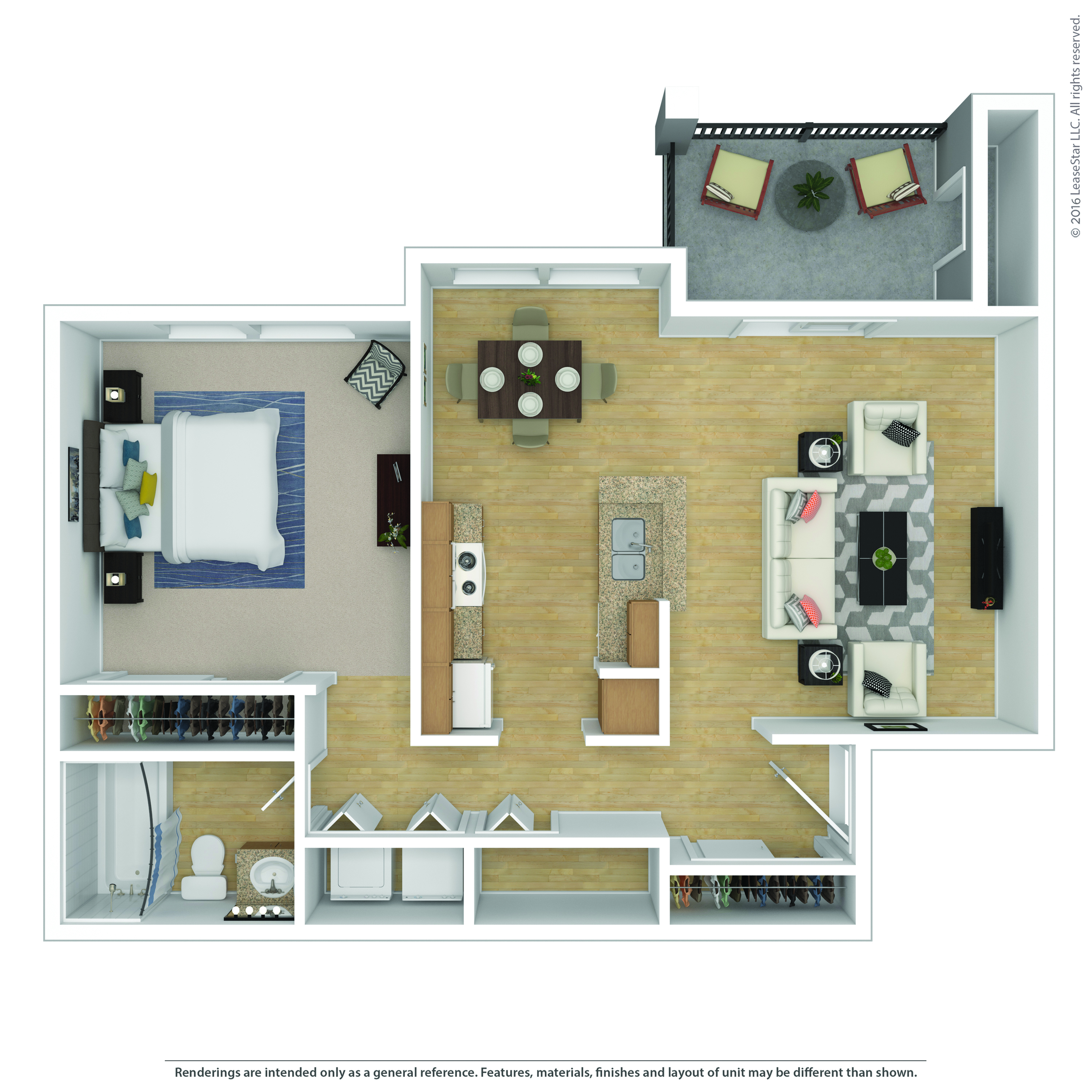 Modern 3D floor plan showcasing an open-concept living area, stylish kitchen, spacious bedroom, and charming balcony.