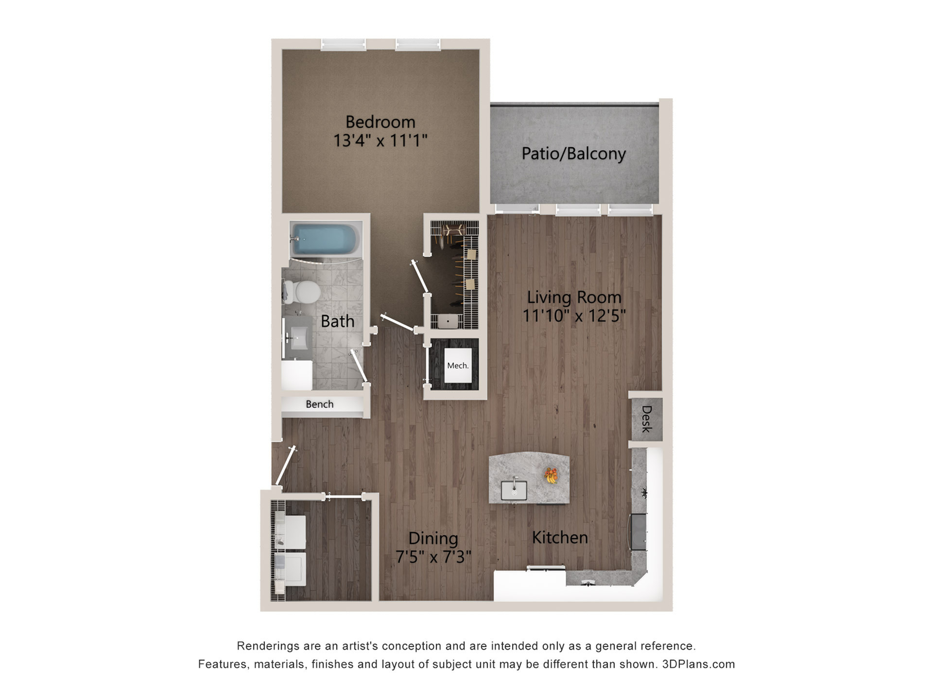 Elegant open floor plan featuring a spacious bedroom, inviting living room, modern kitchen, cozy dining area, and a serene patio/balcony.