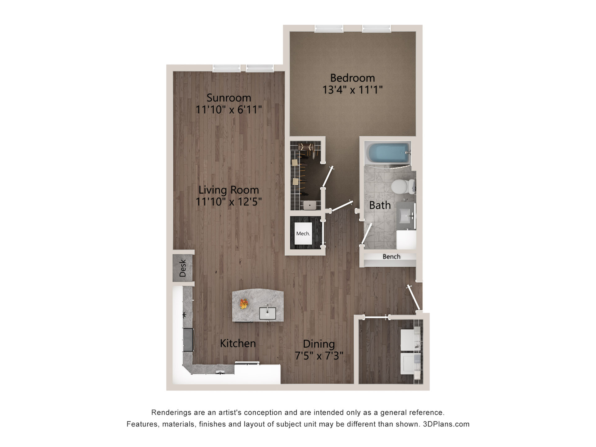 Inviting floor plan showcasing a single bedroom with an adjoining sunroom, a bright living area, compact kitchen, and a well-appointed bathroom.