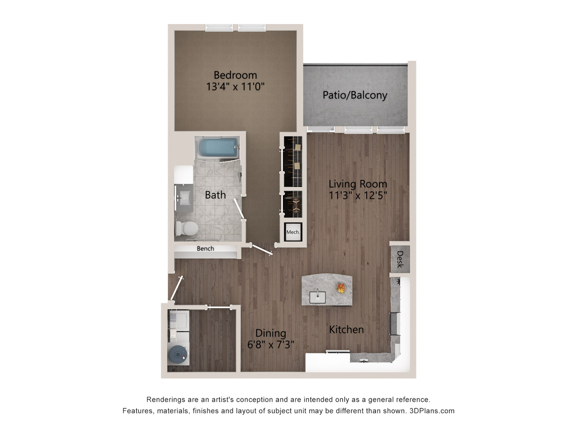 Modern floor plan showcasing a spacious 1-bedroom apartment with a cozy living room, stylish kitchen, and a tranquil patio/balcony.
