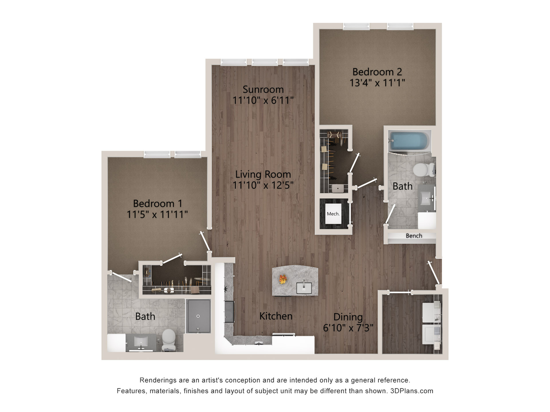 Modern floor plan showcasing 2 bedrooms, 2 bathrooms, sunroom, open living area, and sleek kitchen with dining space.