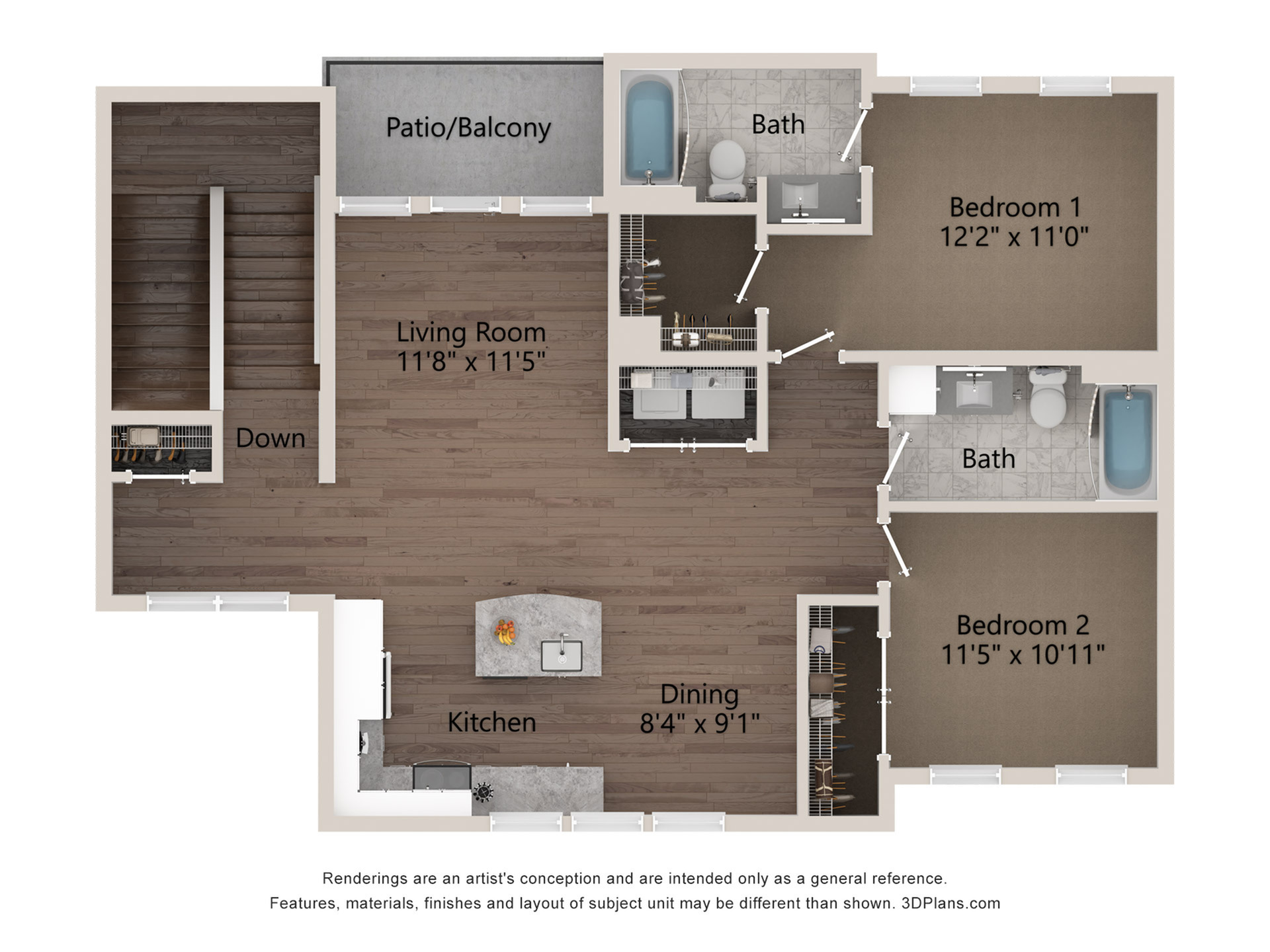 Modern 2-bedroom apartment floor plan featuring a spacious living room, intimate kitchen and dining area, two elegant bathrooms, and a charming patio/balcony.