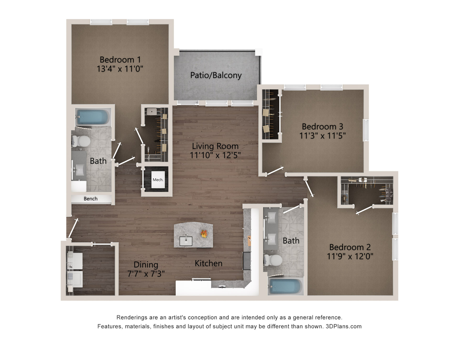 Elegant 3-bedroom apartment floor plan featuring a cozy living room, modern kitchen, and spacious patio/balcony.