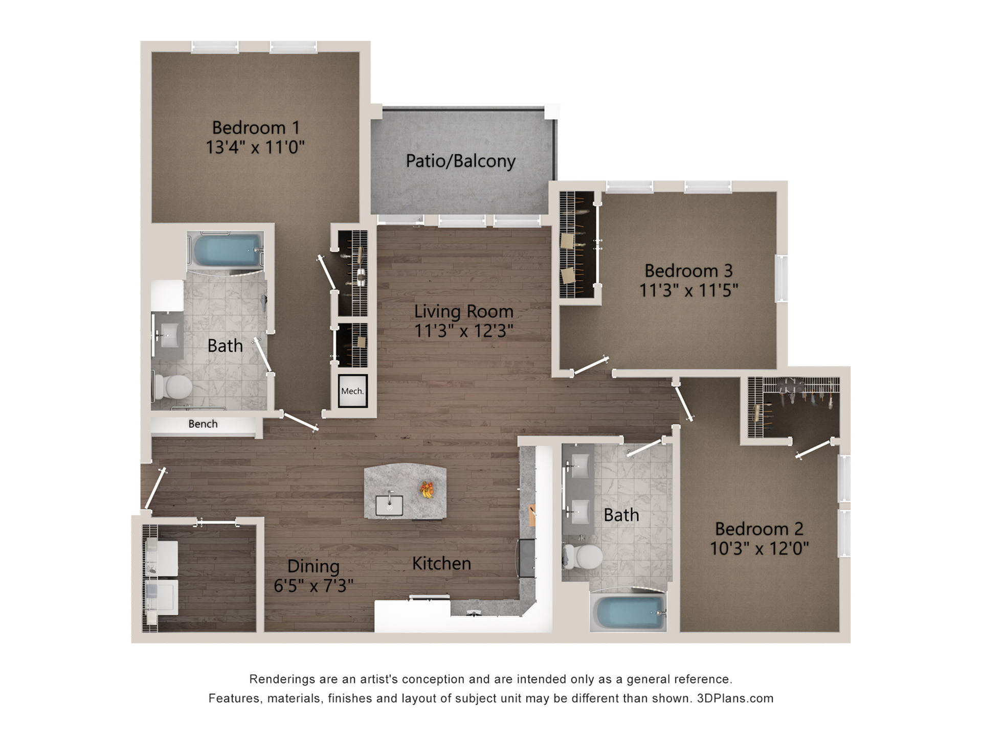 Modern floor plan showcasing 3 bedrooms, open living room area, stylish kitchen, and dual baths, with a cozy patio/balcony.