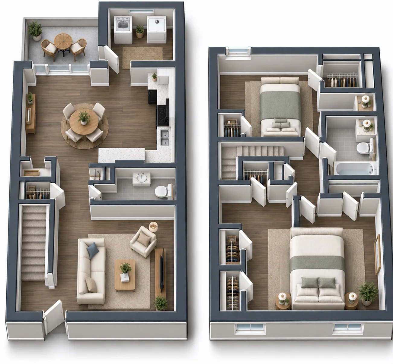 Modern two-story floor plan featuring two bedrooms, open-concept living and dining area, and a compact kitchen with balcony access.