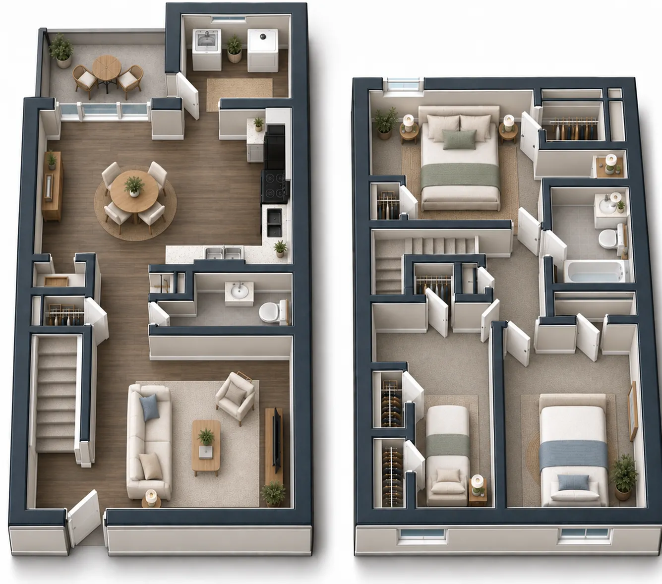Elegant 3D floor plan showcasing two-story design with 3 bedrooms, open-plan living room, modern kitchen, and private balcony dining area.
