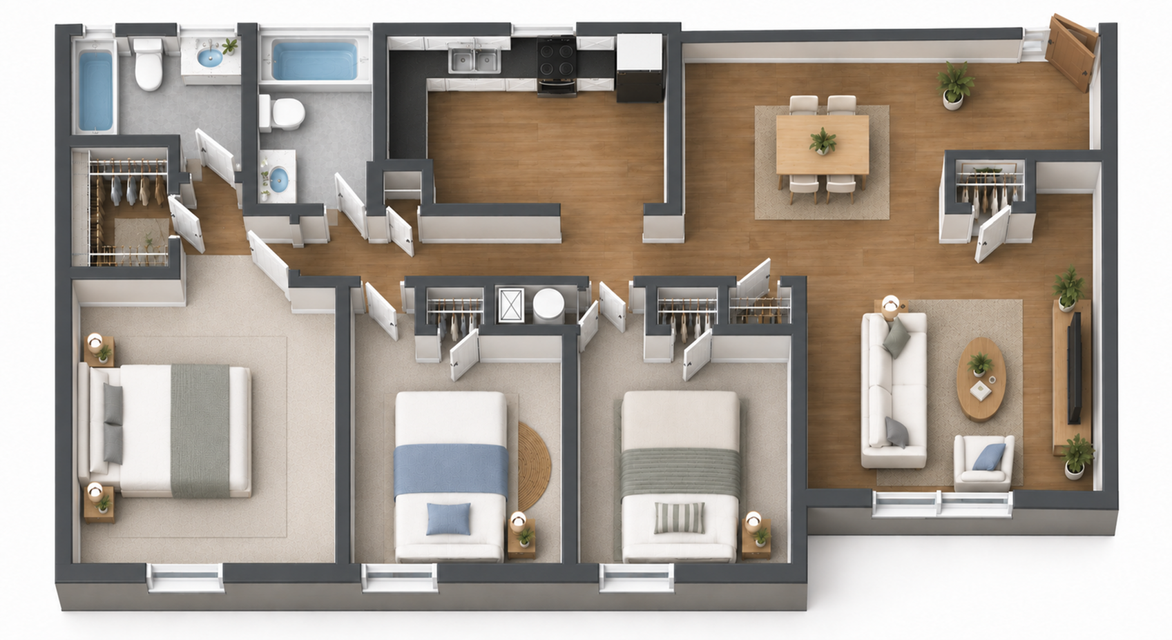 Modern 3D floor plan featuring 3 cozy bedrooms, a sleek kitchen, elegant dining area, and a spacious living room with stylish furnishings.