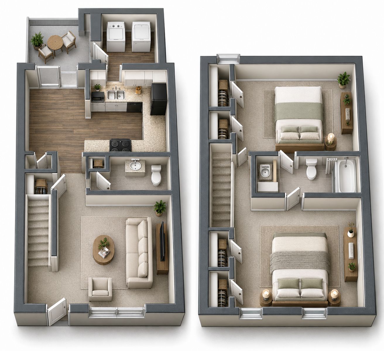 Modern two-story floor plan featuring an open-concept kitchen and living room, two spacious bedrooms, and a cozy patio area, ideal for contemporary living.