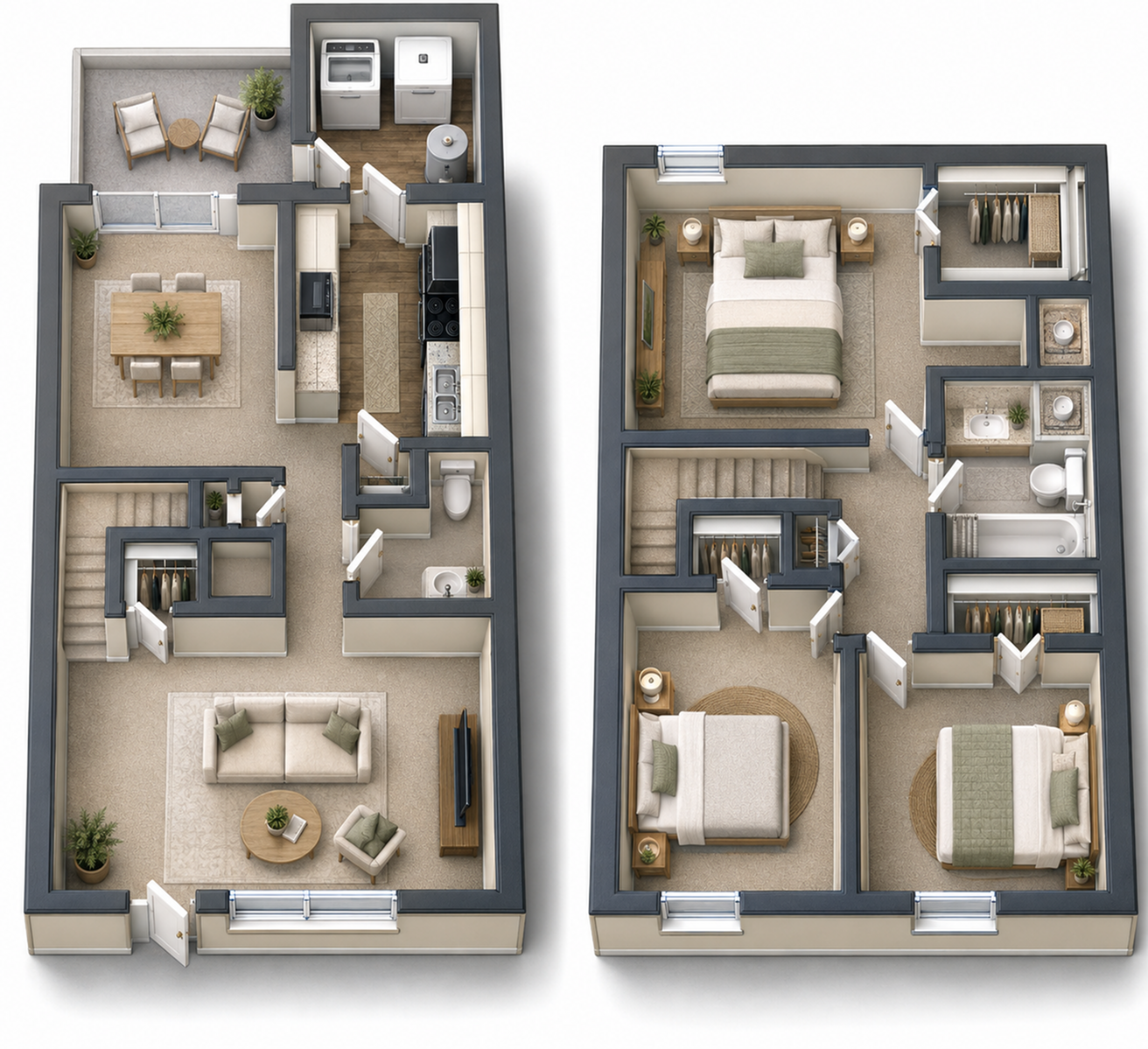 Chic two-story floor plan featuring an open-concept living and dining area, sleek kitchen, and three cozy bedrooms with ample storage.