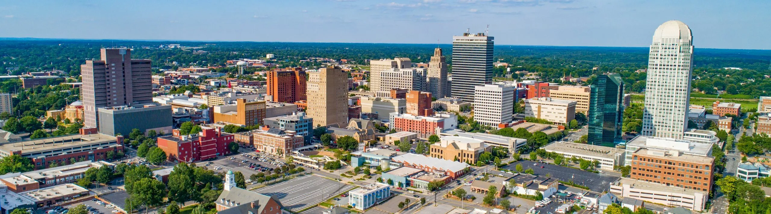 Aerial view of a bustling downtown skyline with diverse architecture, surrounded by greenery.
