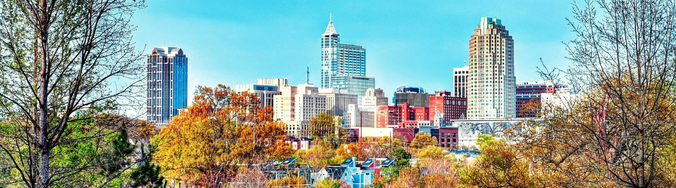 Panoramic view of a city's colorful skyline with diverse architecture and lush trees in the foreground.