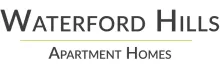 Waterford Hills Apartment Homes logo featuring elegant typography with a sleek, modern design.