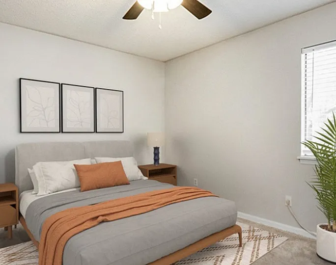 Elegant bedroom with a cozy bed, stylish decor, warm lighting, and modern furnishings, perfect for relaxation.