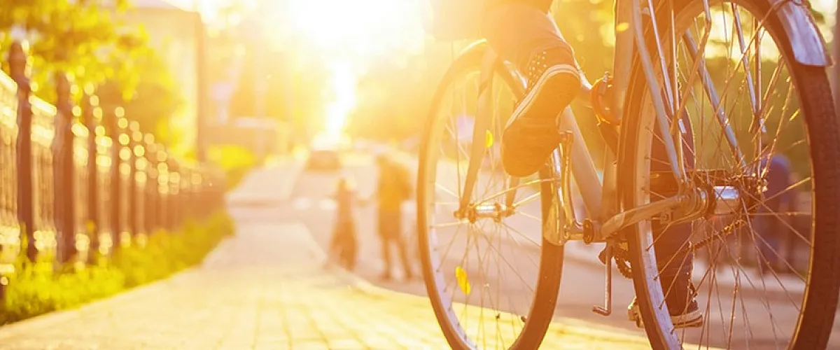 Inviting path at sunset with a cyclist enjoying a leisurely ride, surrounded by lush greenery and warm golden light.