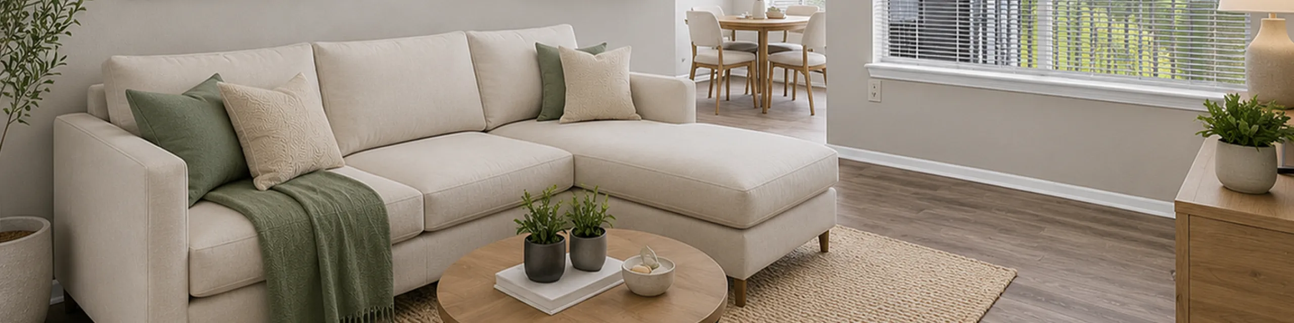 Inviting living room with a plush beige sectional, sleek decor, and abundant natural light from large windows, offering a serene view of greenery.
