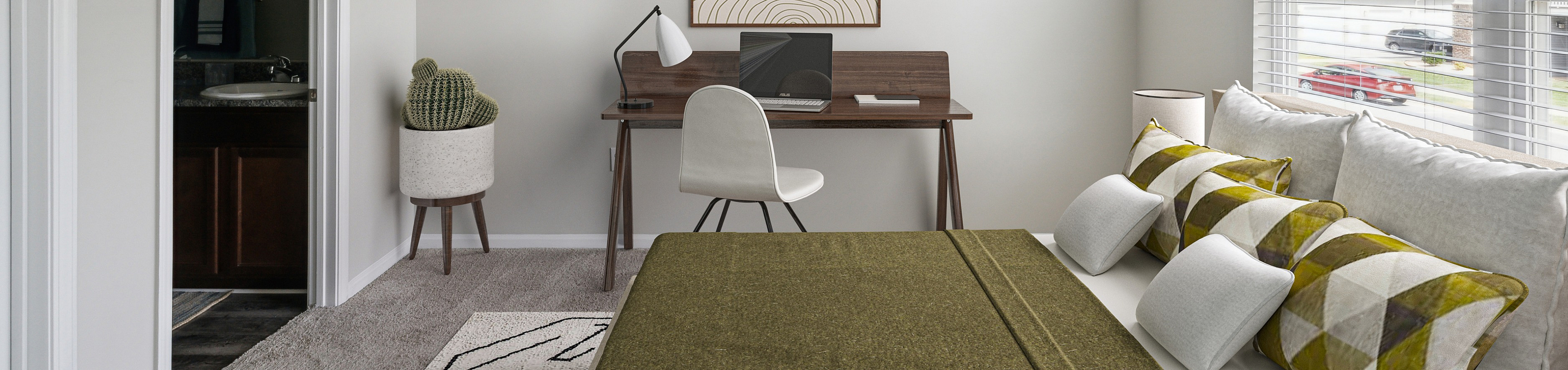 Inviting bedroom with large windows, cozy bed, stylish workspace, and modern decor.