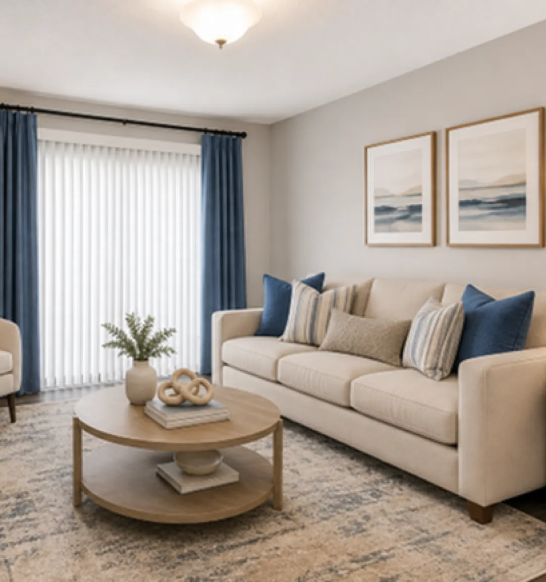 Elegant living room with modern decor, featuring a cozy sofa, stylish armchair, and natural light from large sliding doors with blue curtains.
