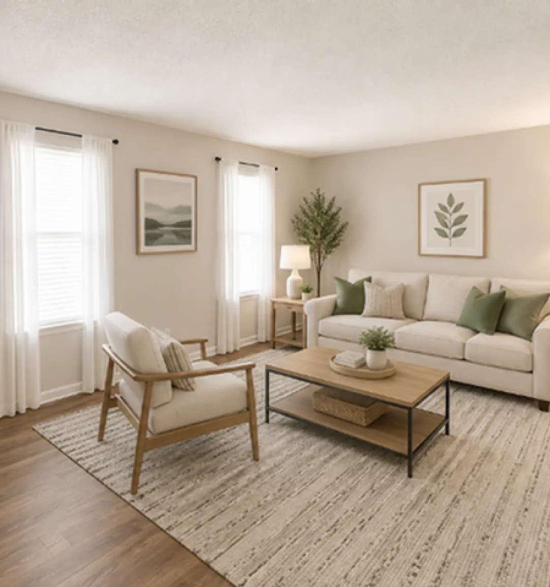 Inviting living room with elegant decor, cozy sofa, stylish armchair, and natural light highlighting modern wooden flooring.