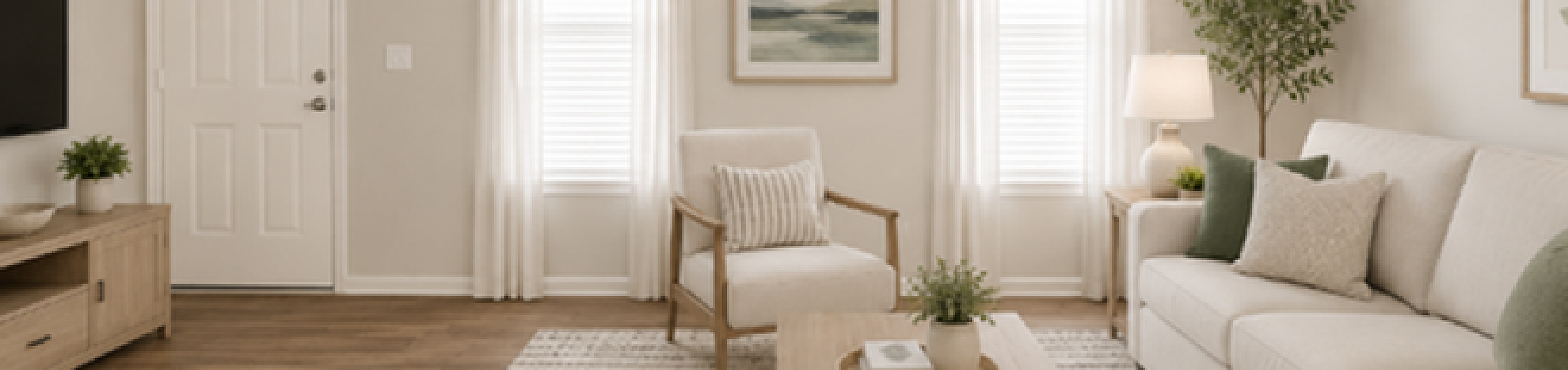 Inviting living room with stylish decor, featuring a comfy beige sofa, wooden coffee table, TV console, and natural light from two large windows.