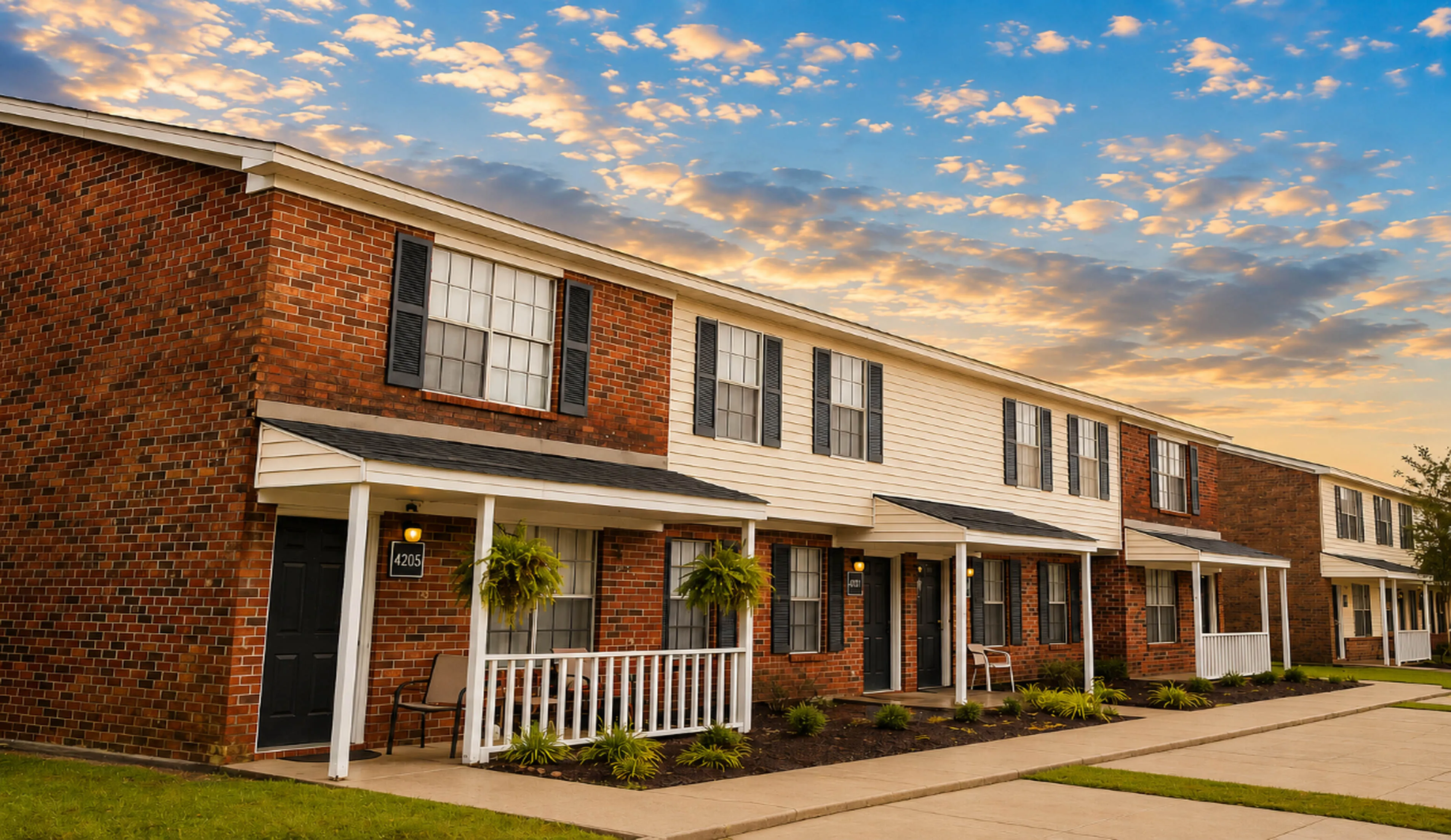 Charming two-story brick apartment complex with welcoming front porches and lush landscaping under a colorful sunset sky.