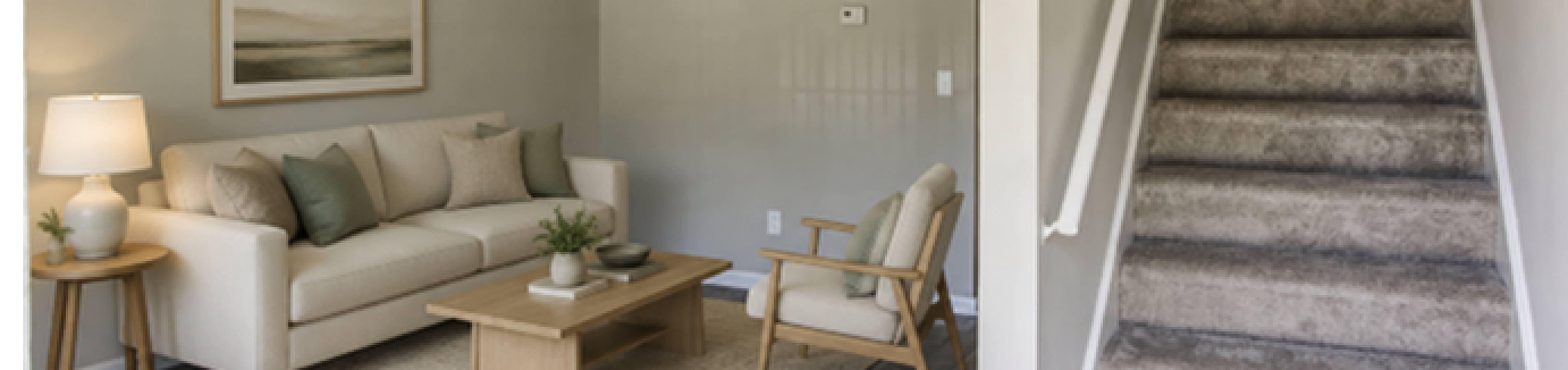 Inviting living area with modern decor and plush carpeted staircase, offering a cozy yet stylish ambiance.