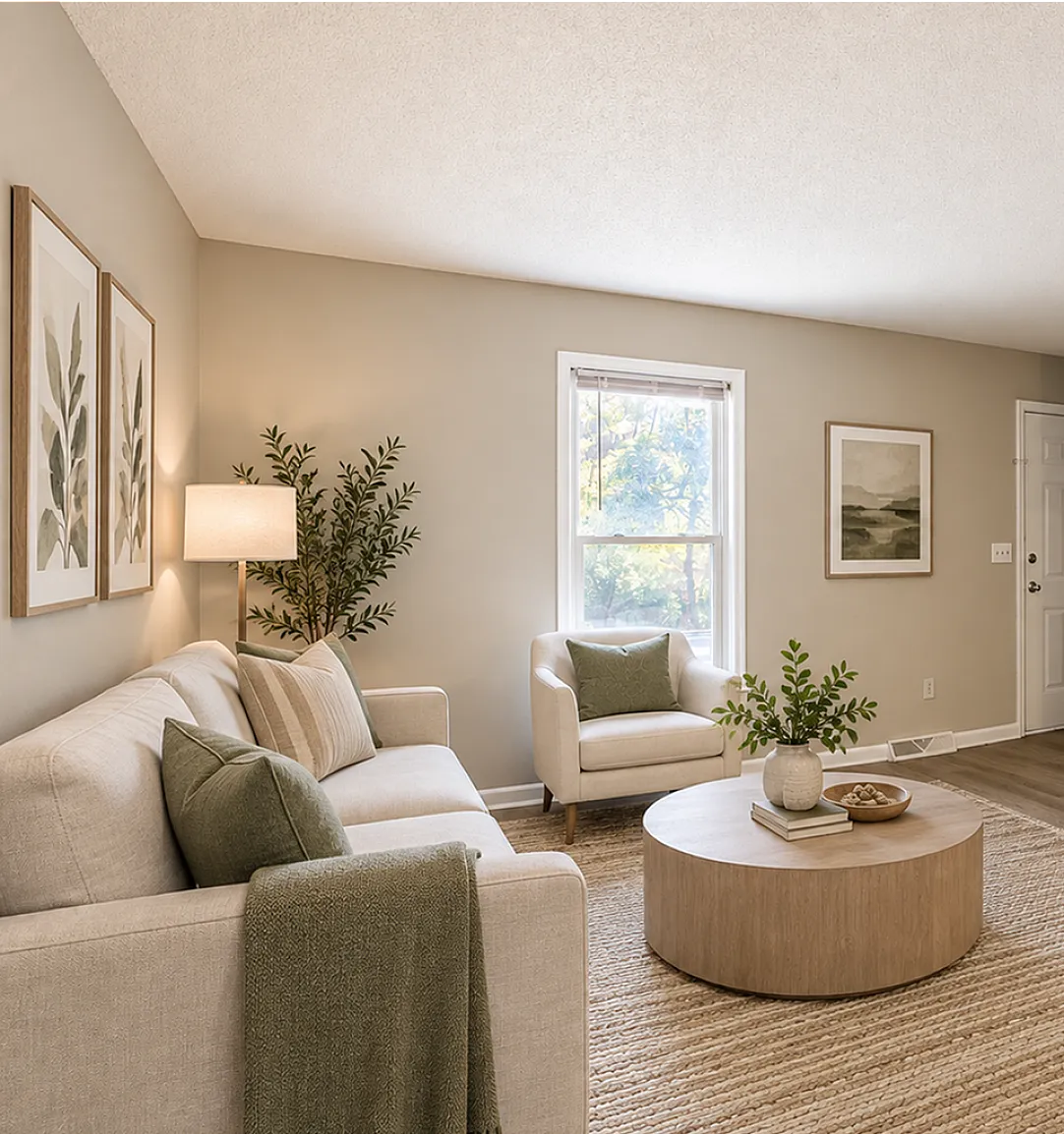 Bright and inviting living room with modern decor, cozy seating, and natural light flowing through a large window.