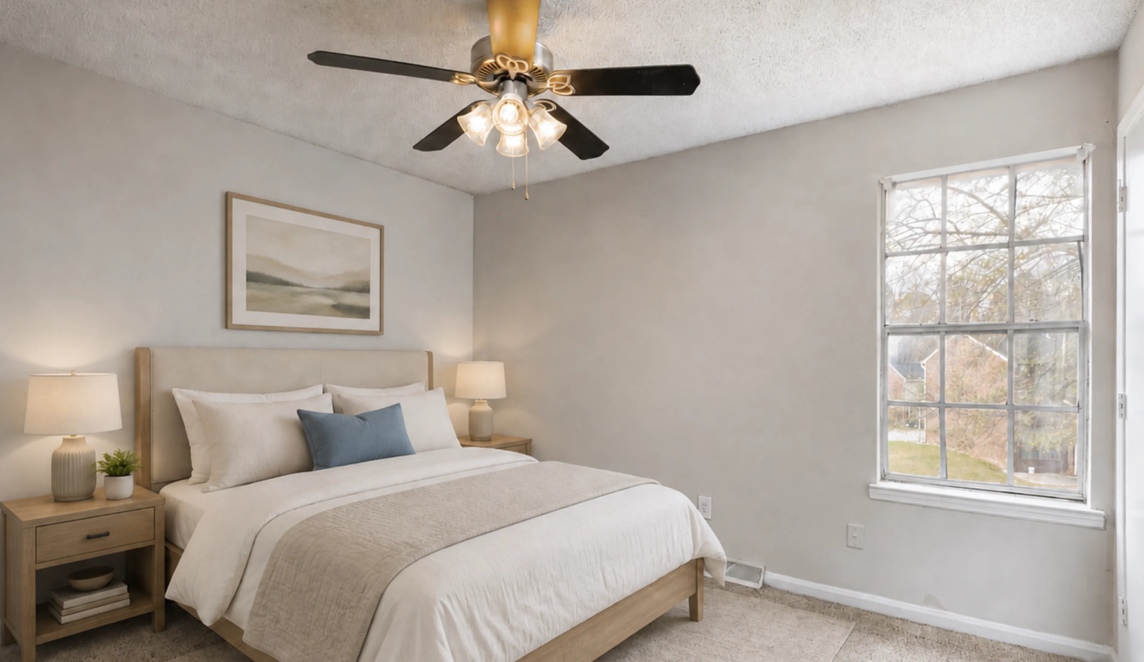 Bright and cozy bedroom with a plush bed, elegant lamps, and a scenic view through a large window.