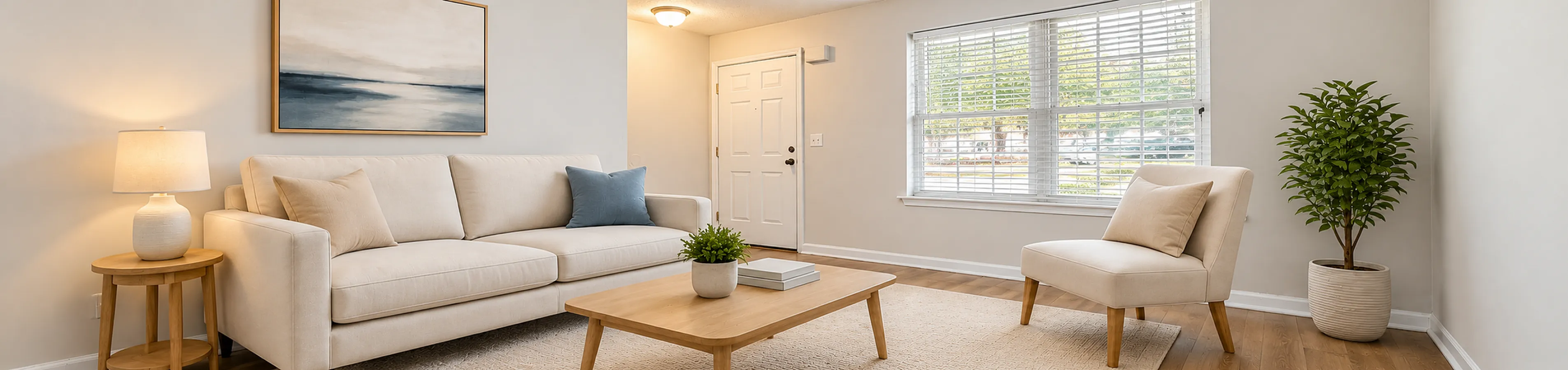 Bright and inviting living room with elegant decor, featuring a cozy sofa, stylish armchair, and a plush rug. Natural light streams through large windows, complementing the modern artwork and lush green plant.