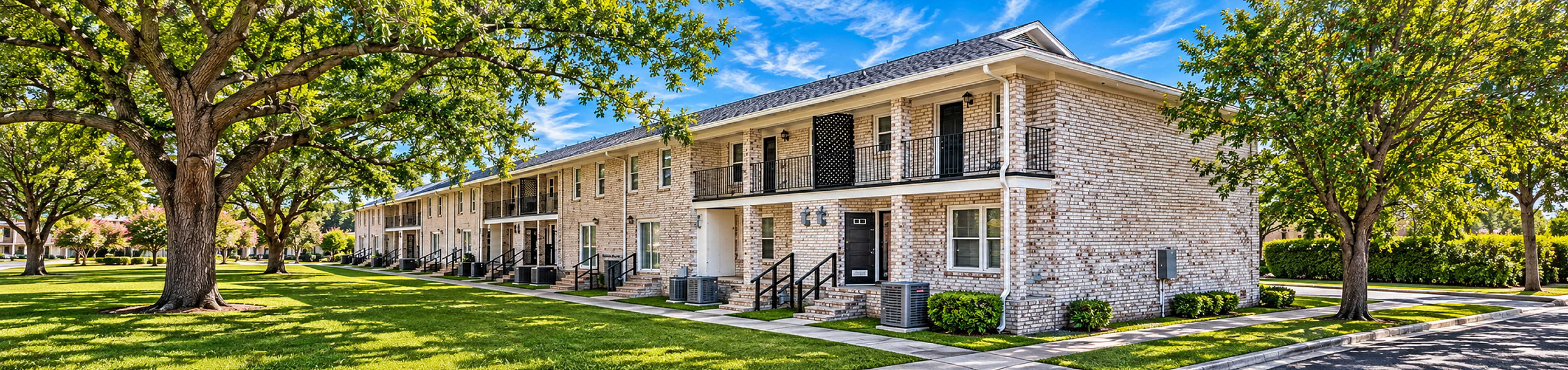 Charming apartment complex with classic brick facade, lush green lawns, and mature shade trees.