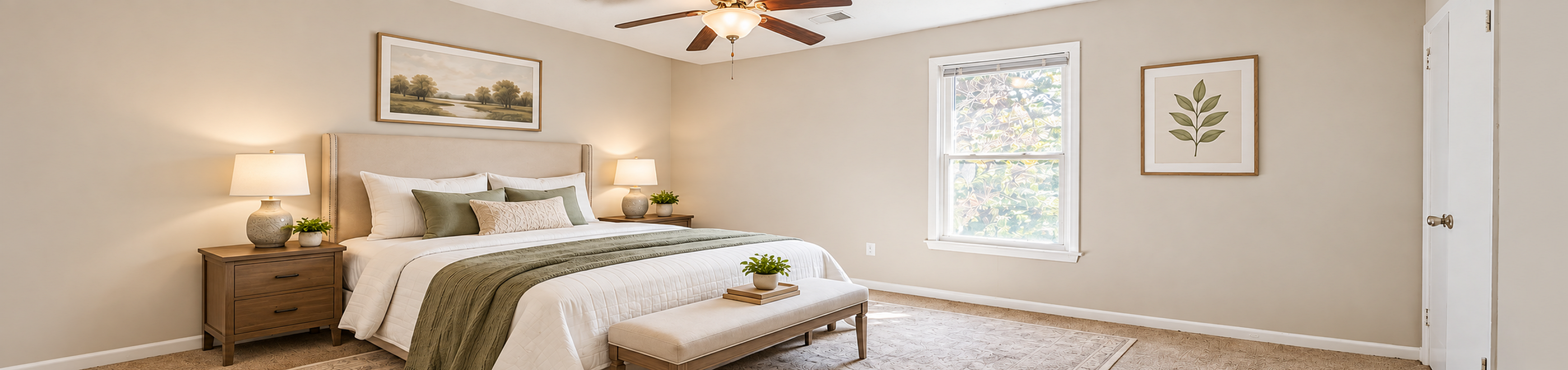 Elegant bedroom with a plush king-sized bed, warm neutral tones, and inviting natural light from a large window.