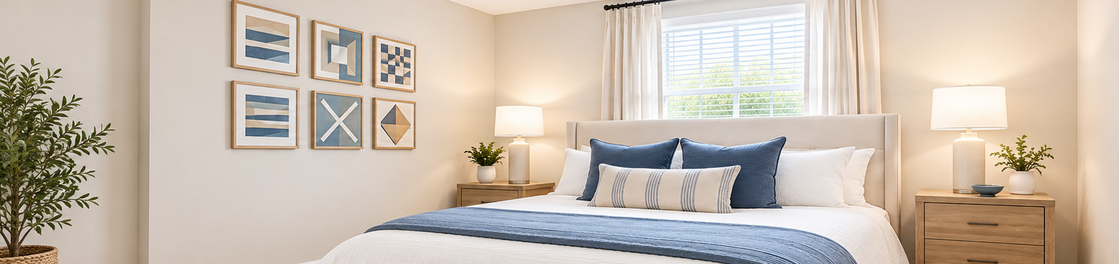 Inviting bedroom with elegant d&eacute;cor featuring a cozy bed with blue accents, stylish artwork, and ambient lighting from matching bedside lamps.