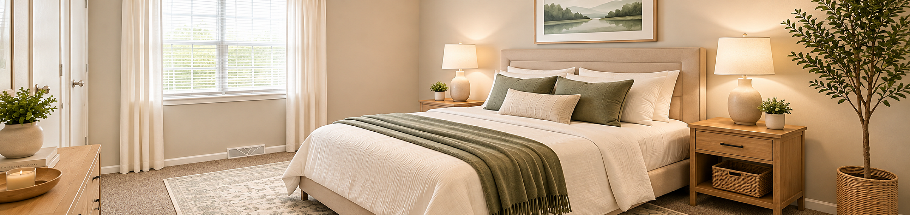 Elegant bedroom with a cozy king-size bed, adorned with soft pillows and a plush blanket, complemented by wooden nightstands and warm natural lighting.