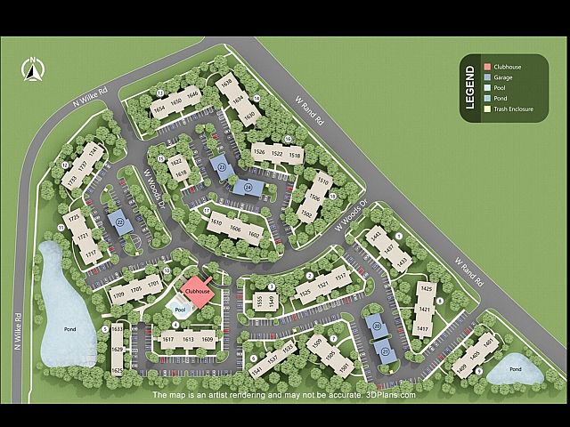 Artistic community layout featuring a clubhouse, pool, and multiple residential buildings surrounded by greenery and ponds.