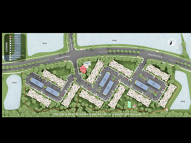 Vibrant aerial view of community layout featuring residential buildings, lush greenery, pond, and modern amenities.