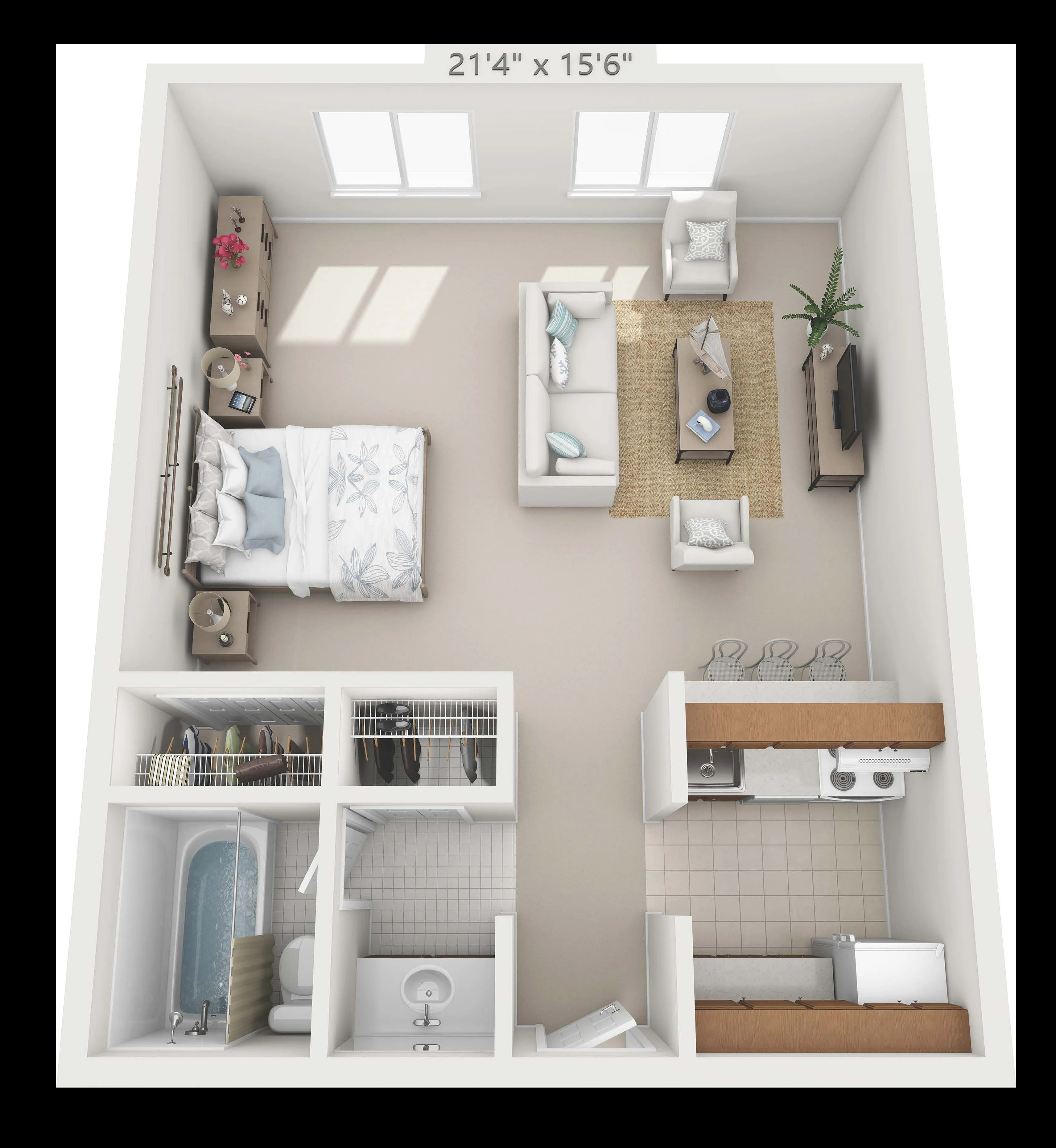Charming studio apartment floor plan with cozy bedroom area, inviting living space, modern kitchen, and compact bathroom.